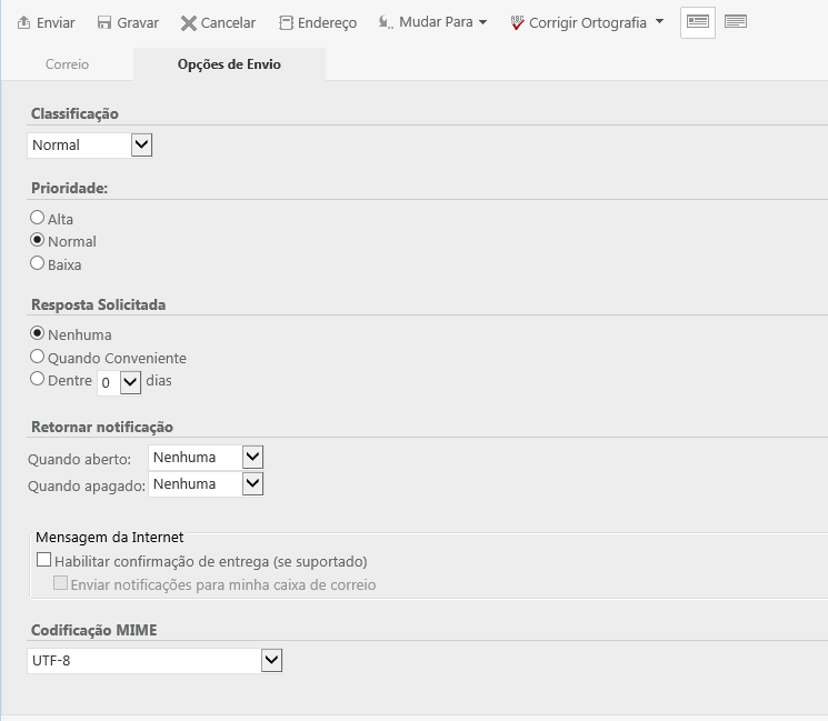 Opções de envio da tela de correio