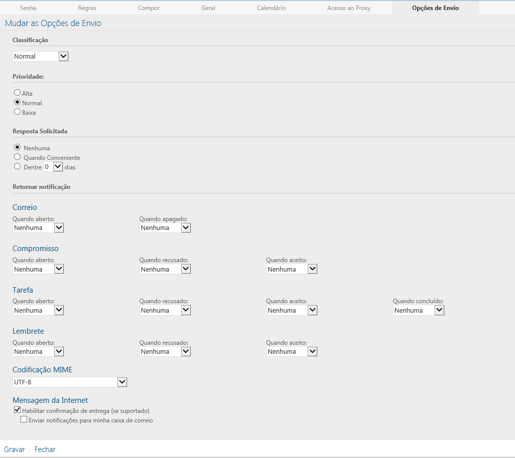 Tela Opções com o item Opções de Envio selecionado